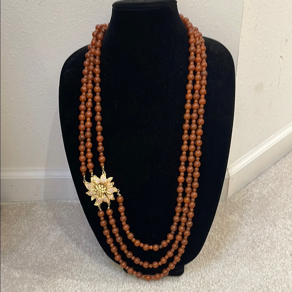 Lydell NYC Brown and Gold Multi-Strand Necklace with Floral Clasp